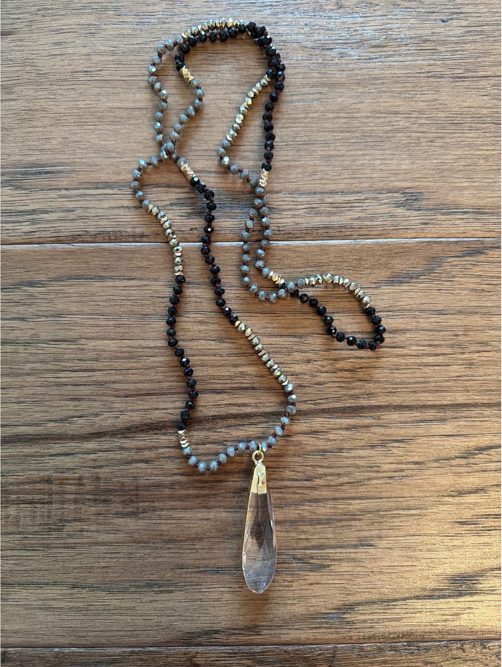 Long Beaded Necklace with Clear Teardrop Pendant